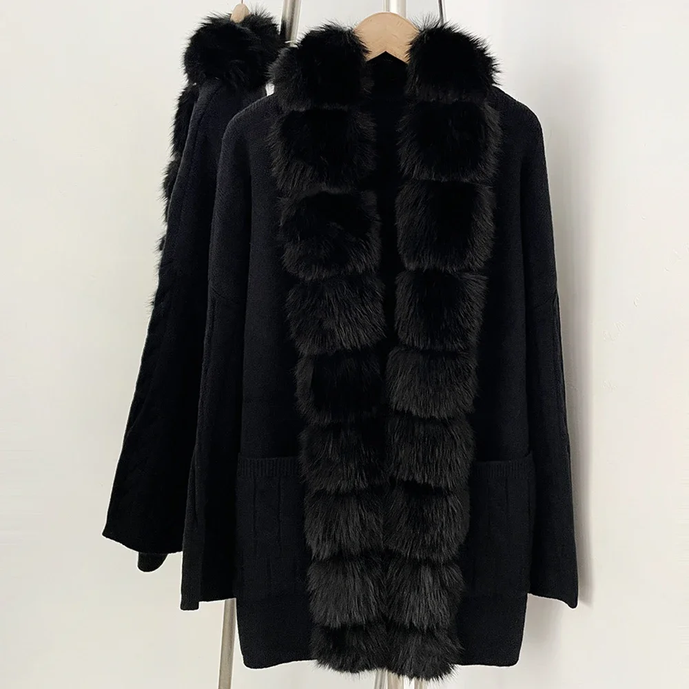 OFTBUY Kabelstrick Loser Warmer Neuer Wintermantel für Damen, Gestrickter Cardigan mit Kunstfuchspelzkragen, Mittellanger Pullover-Mantel für Frauen – Detail 6