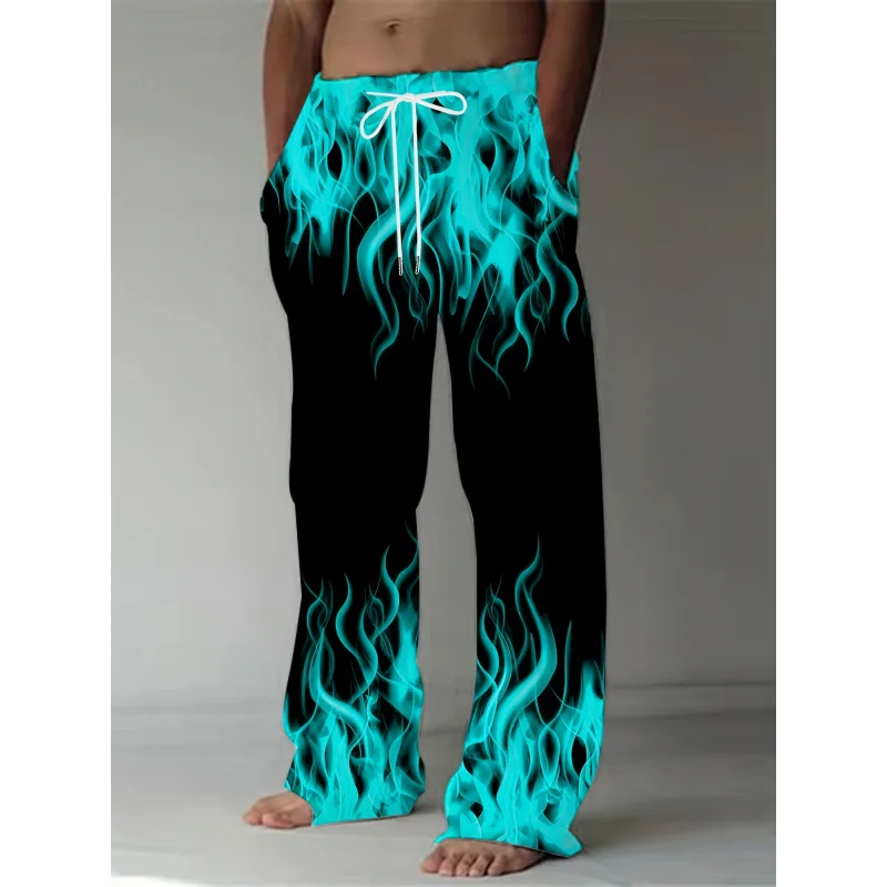 

Модные мужские брюки, повседневные прямые брюки с пламенным принтом в стиле ретро, летние мужские брюки свободного покроя с завязкой в подарок