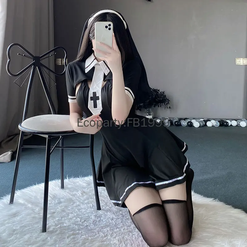 Sexy Nun Costume Cosplay Halloween Girls Kawaii abbigliamento erotico Anime Gothic Roleplay Outfit donna Slim Mini abito con sciarpa