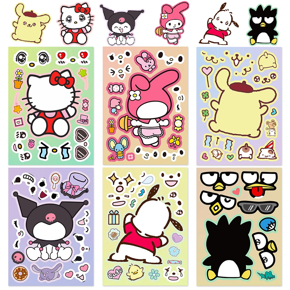 6/12Sheets Cute Cartoon Sanrio Children Puzzle Sticker Anime Hello Kitty Kuromi Make-a-Face Assemble Jigsaw Kids Decals Book Toy