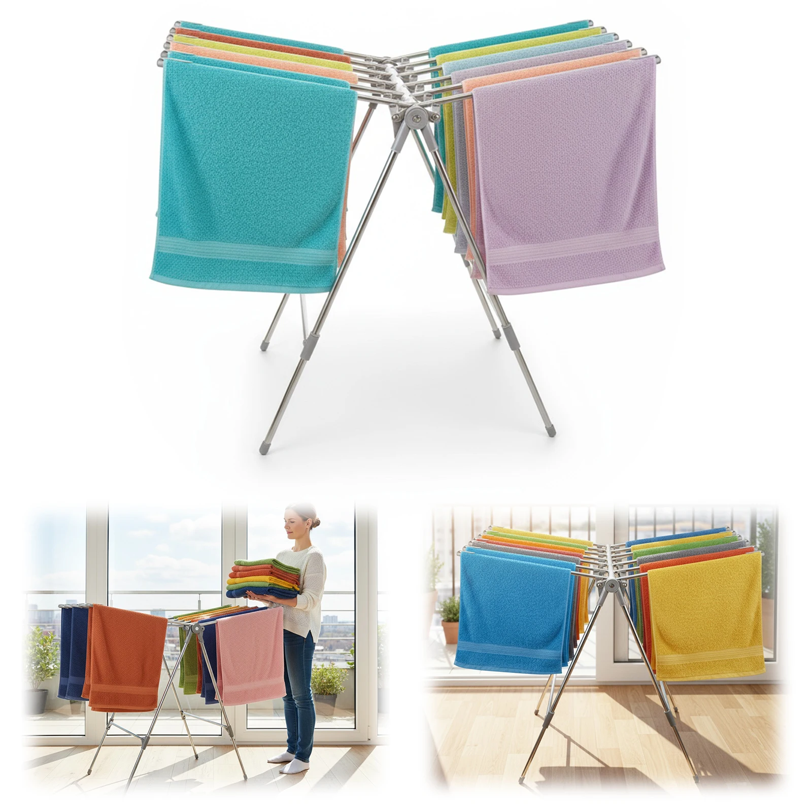 

Foldable Stainless Steel Large Capacity Drying Rack Height Adjustable Drying Rack Heavy-Duty Laundry Drying Rack for Balcony