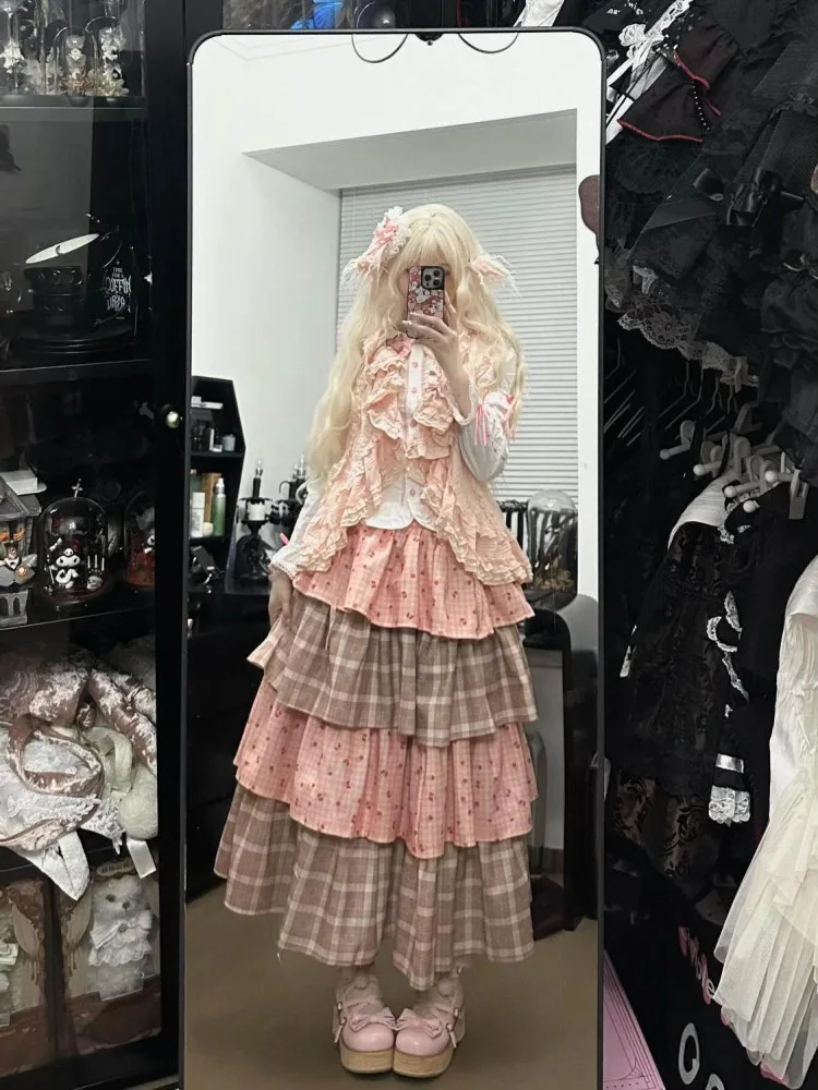 Cute Long Skirt For Women's Japanese Sweet Jupe High Waist Patchwork Saia 2026 Faldas Mujer De Moda Print Plaid A-line Skirts