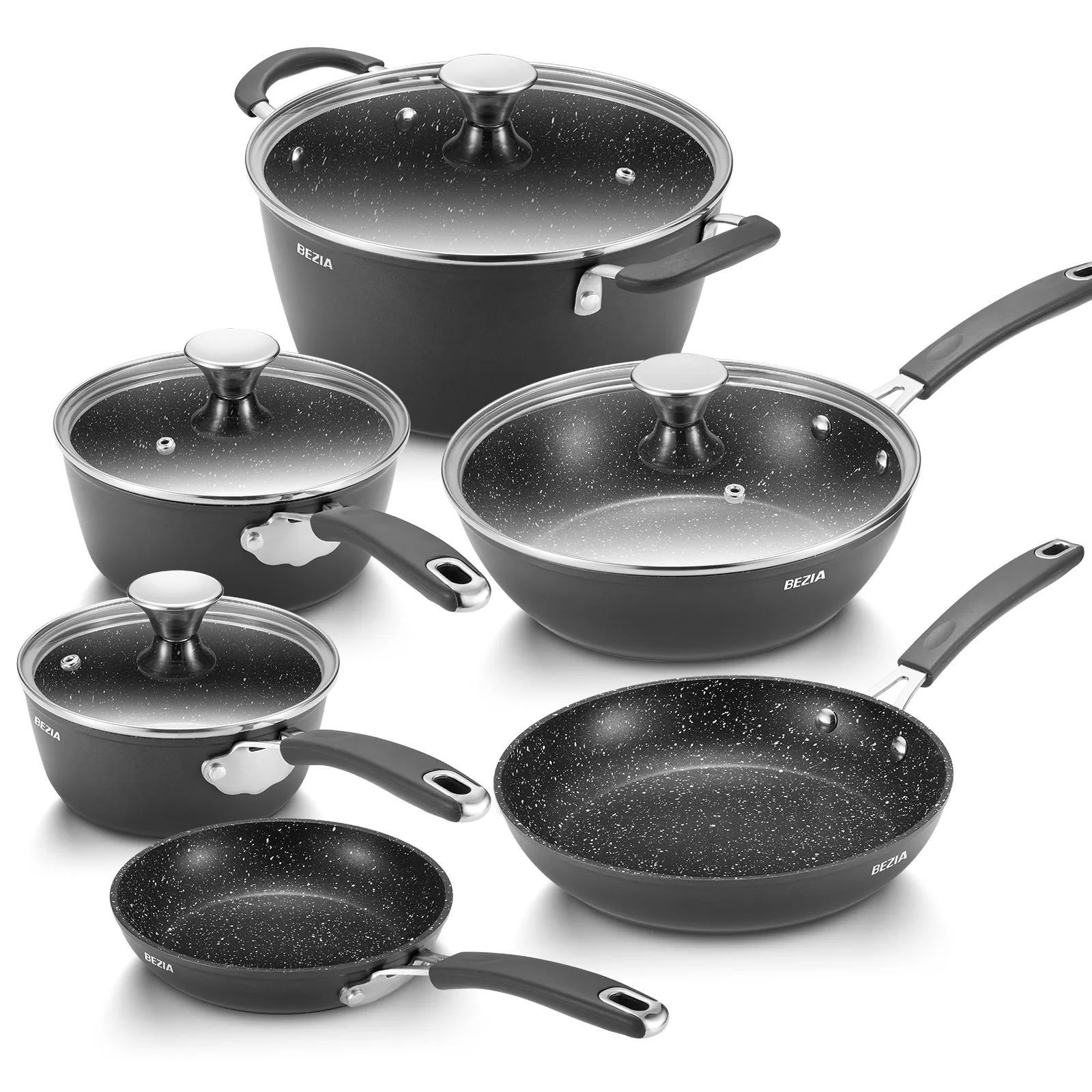 

Induction Hob Pan Set 10-Piece, Pots and Pans Set Non-Stick, Induction Cookware Set with Anti-Scald Silicone Handles ＆ Lids, Ov