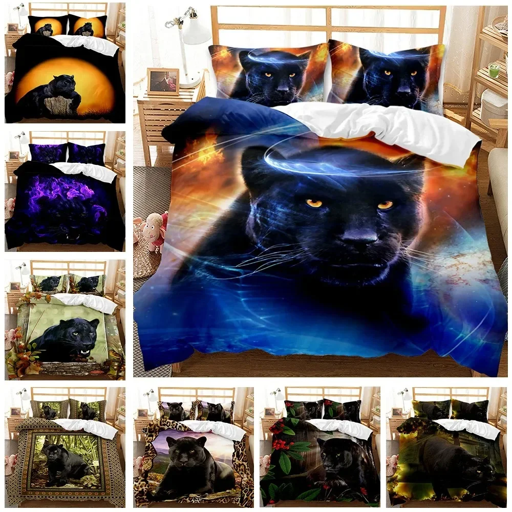 

Black Panther Duvet Cover Set Kids Boys Girls Safari Cheetah Comforter Cover Blue Fire Wild Animal Polyester Queen Bedding Set