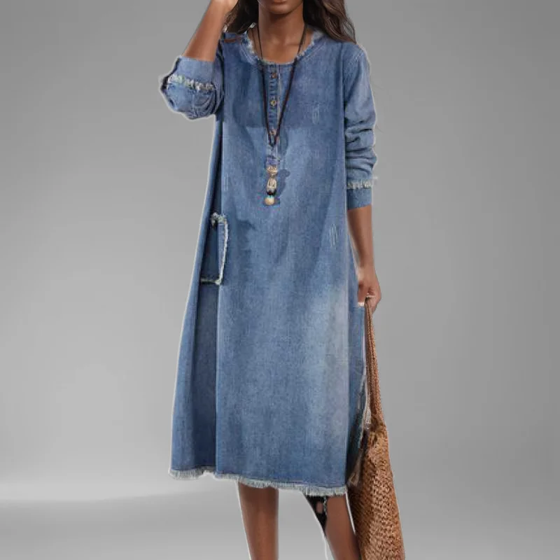 Moda damska Wash Plush Edge Pockets Loose Denim Dress 2024 Jesień Modne sukienki z długim rękawem O-neck Kobieta 1LS006