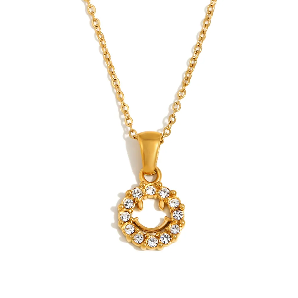 Waterproof Ins 18K Gold PVD Plated Stainless Steel  Smile Happy Round Zircon Stone Pendant Necklace for Women