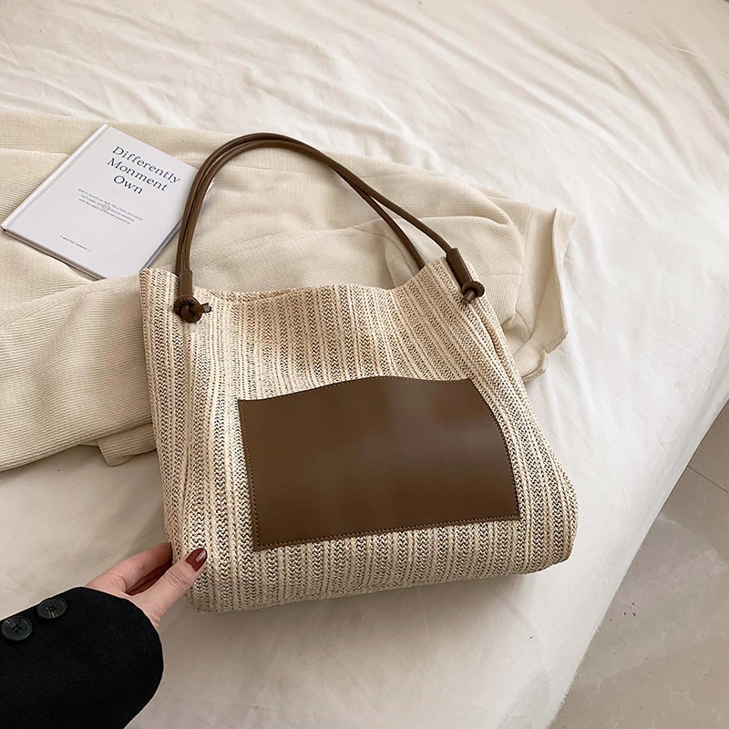 Vintage Woven Tote Bag Holiday Style Grass Woven Bag Shoulder Bag Female Large Capacity Shopping Bag Beach Bun Mother Hand Purse