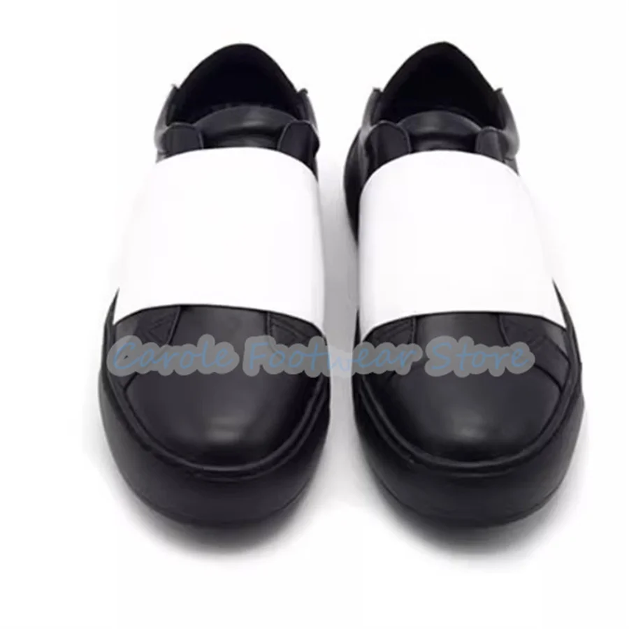 Male Mixed Color Chunky Bottom Casual Sneakers Outside Sport Shoes Handmade Genuine Leather Splicing Strecth Strap Loafers