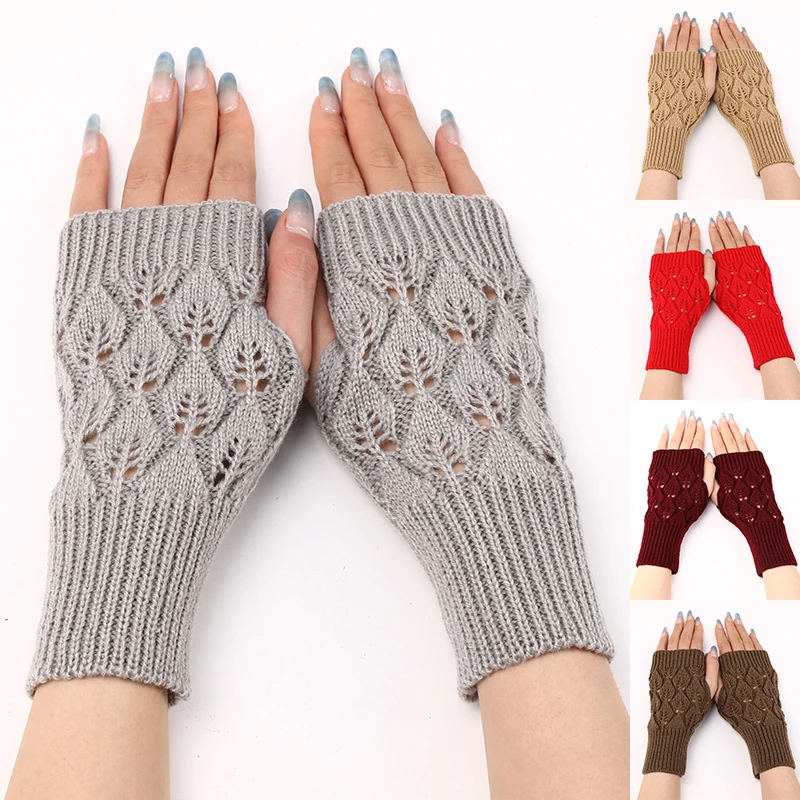 Winter Warm Fingerless Gloves Knitted Women Mitten Stretch Half Finger Gloves Crochet Openwork Gloves Solid Color Woolen Gloves