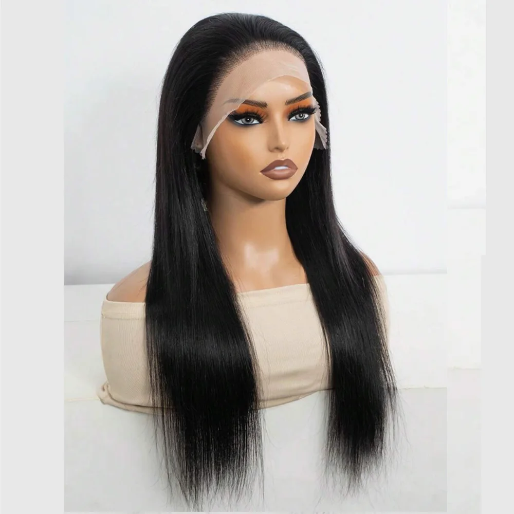 Longo parte livre 180dansty macio preplucked sem cola preto cabelo reto peruca dianteira do laço sintético para mulheres com cabelo do bebê diariamente