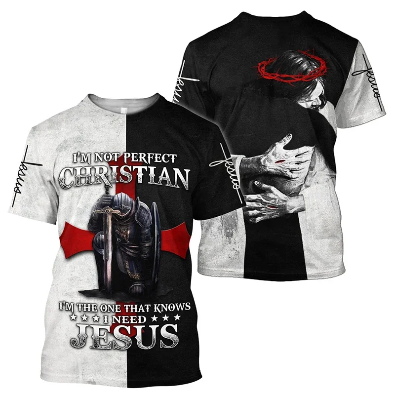 Camiseta masculina Jesus Cruz Leão Estampada 3D, Crusader Templário, gola redonda, manga curta, personalidade atraente, top diário casual, moda