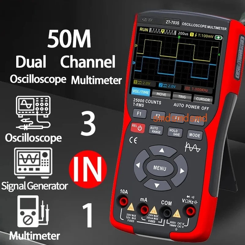 ZT-703S 3 in 1 Handheld Oscilloscope Automotive Dual Channel 50MHz with Digital Multimeter and Signal Generator Tester