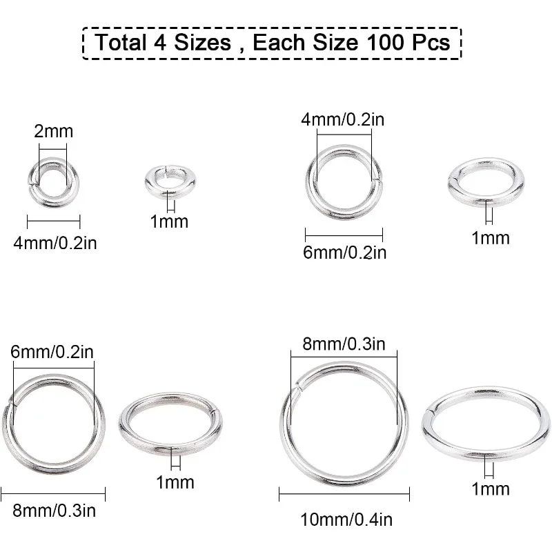 1 Box 400PCS 304 Stainless Steel Thick Strong Jump Rings Silver Metal Rings Craft Polished Smooth Connector Jump Rings for Jewel