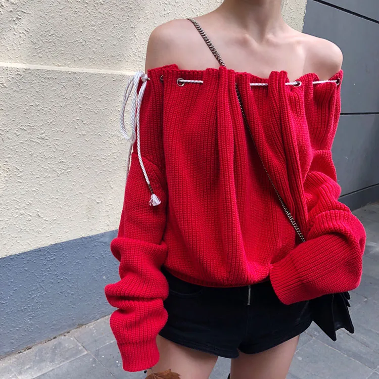 Women Red Pullover Knitted Sweater Y2k Aesthetic Vintage Long Sleeves Slash Neck Japanese Sweater Jumper 2000s Clothes Autumn