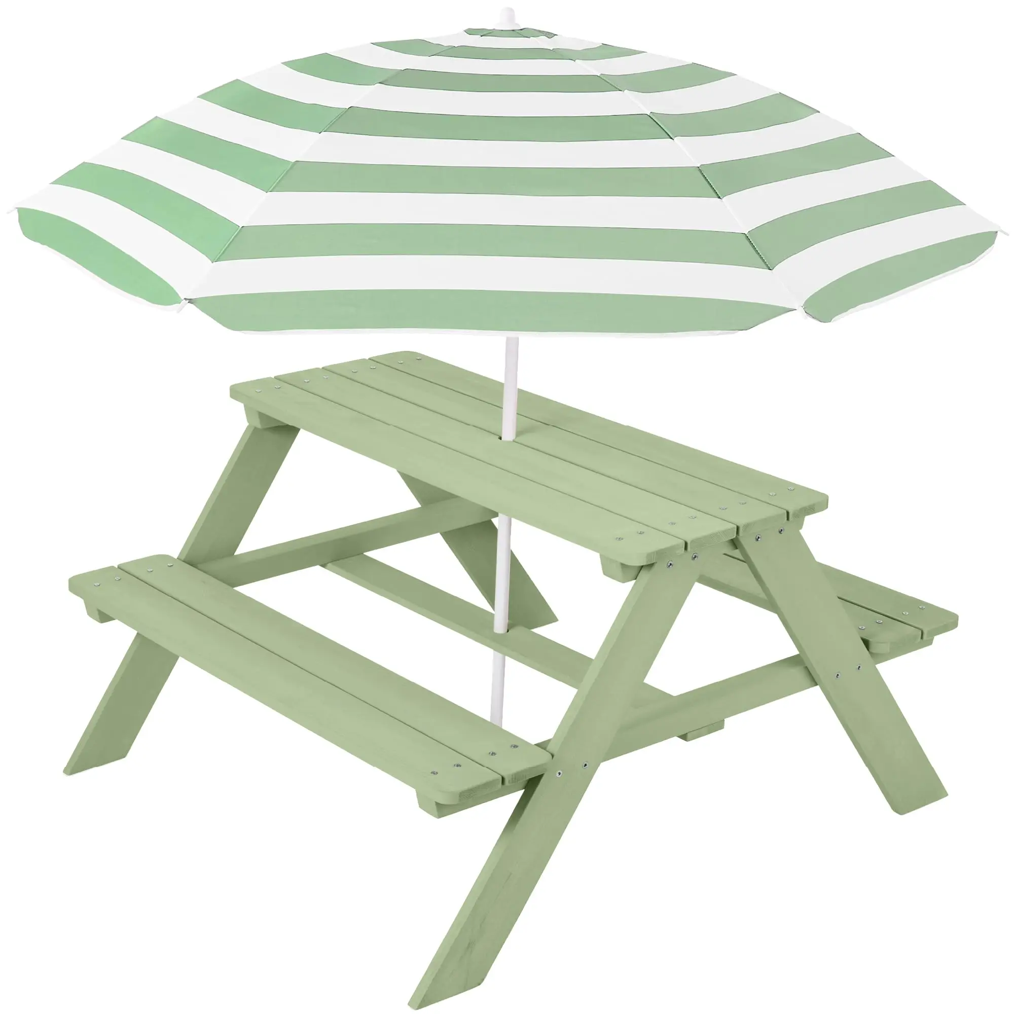 Wooden Picnic Table with Umbrella, Outdoor Activity Table Set with Built-in Benches, 220 lb acity per Bench - Sage