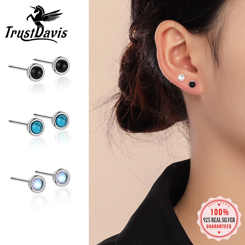 

TrustDavis 925 Sterling Silver Women's Fashion Round Moonstone/Black Onyx/Turquoise Earrings for Women Girls Jewelry Gift DS4266