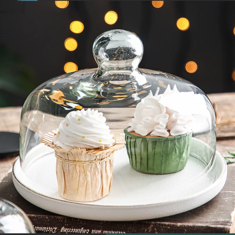 

Поднос для торта, посуда, бытовая стеклянная крышка с крышкой, круглый матовый керамический поднос с золотыми краями для фруктов, поднос для демонстрации десертного хлеба