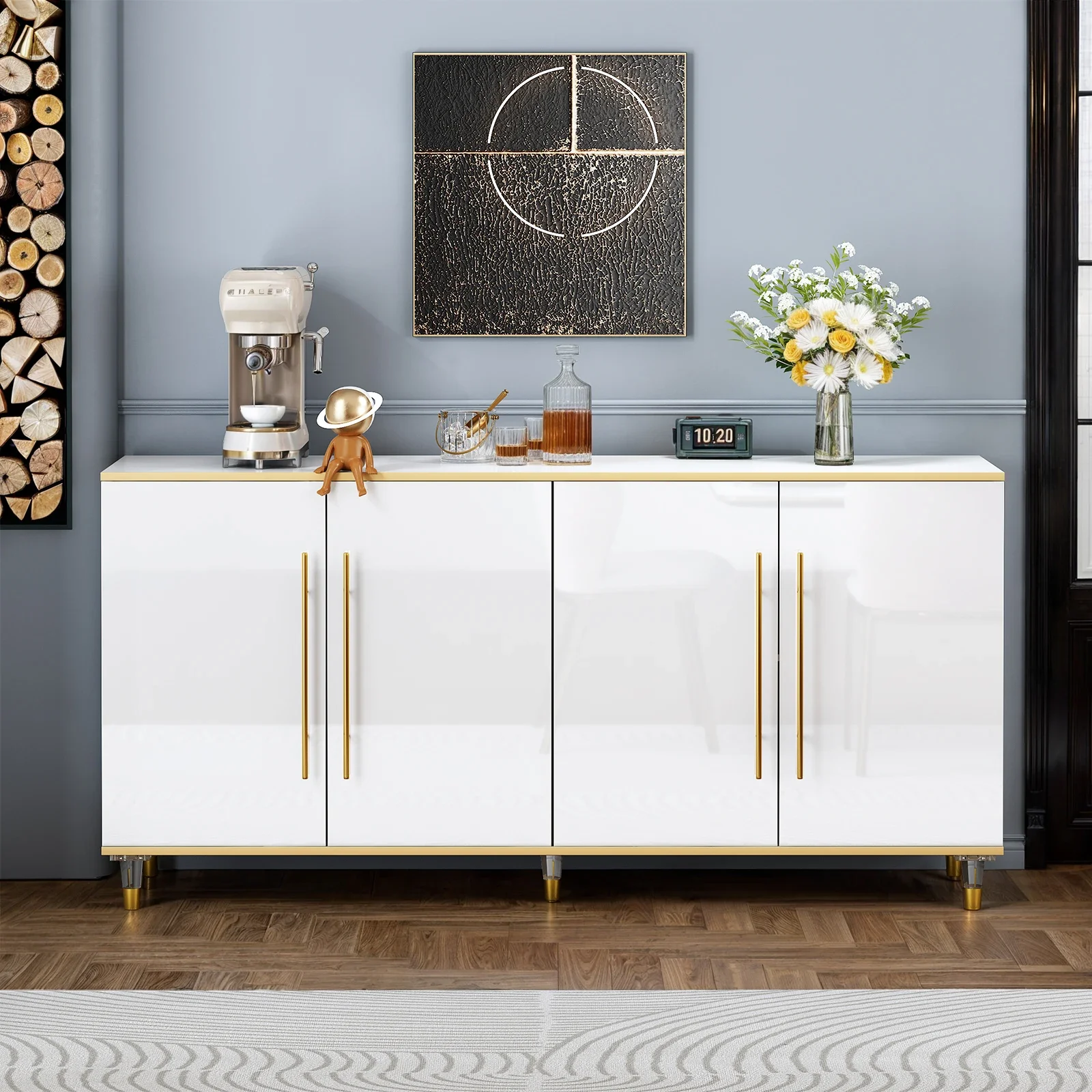 خزانة بوفيه مقاس 63 بوصة مع مساحة تخزين، وخزانة جانبية عالية اللمعان مع أرفف وأبواب قابلة للتعديل، وطاولة وحدة تحكم للتخزين