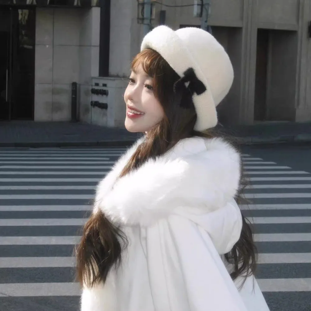 

Retro Solid Color Bow Bucket Cap Knit Korean Style Woolen Fishing Cap Versatile Roll Brims Women Bucket Hat Women