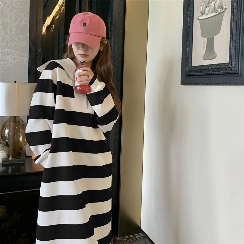 

Spring Autumn New Striped Zipper Patchwork Midi Dress Long Sleeve Loose Plus Size Casual Dresses Fashion Trend Women Clothing