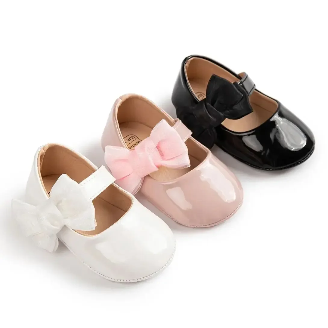 Meckior-Sapatos baixos do Bowknot do couro do plutônio das meninas do bebê, antiderrapante, sola de borracha, criança primeiros caminhantes, vestido de casamento princesa