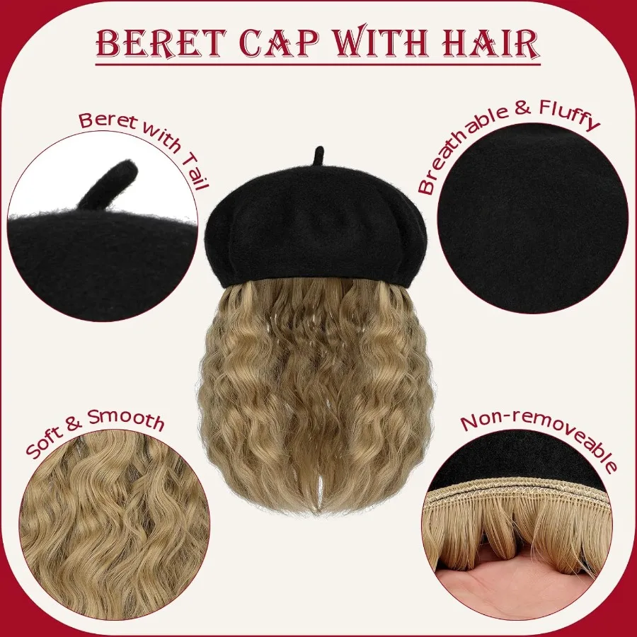 قبعة كلاسيكية قابلة للتمدد من الصوف الفرنسي الصلب مع وصلات شعر صناعية قصيرة مجعدة مرفقة للنساء أشقر رمادي