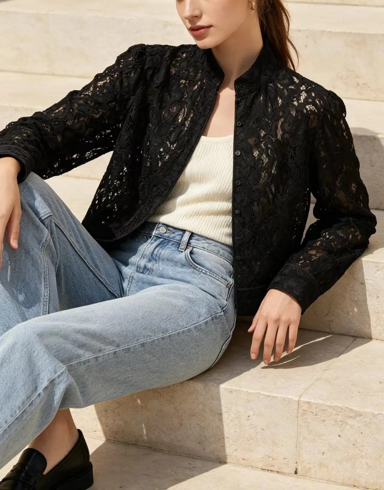 2026 New Early Autumn Women S Minimalist StyleLong Sleeve Round Neck Lace Suit Jacket Versatile Casual Short Coat Button Closure