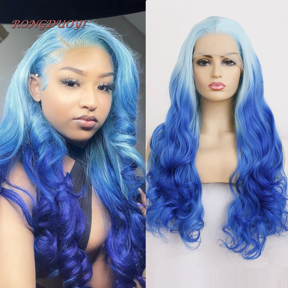 

RONGDUOYI Ombre Blue Bady Wave Middle Part Natural Hairline Synthetic Lace Front Wigs For Women Middle Part For Daily Used