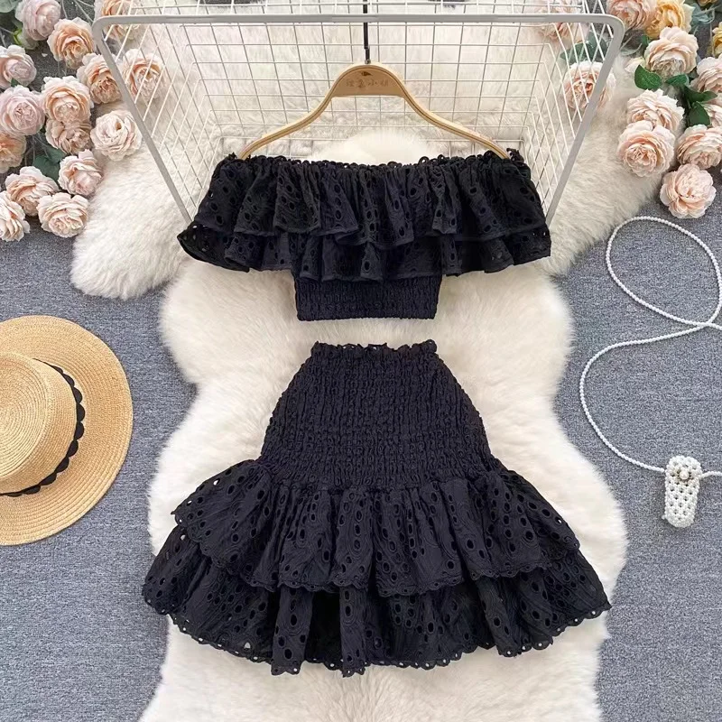 Summer New Sweet Sexy Ruffle Edge One Shoulder Strapless Top Women\'s Design Sense Embroidered Half Skirt Two Piece Set Trendy