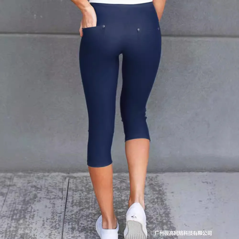 Women's Clothing Dark Blue High-waisted Tight Mid Calf Length Leggings Pants Solid Color Sexy