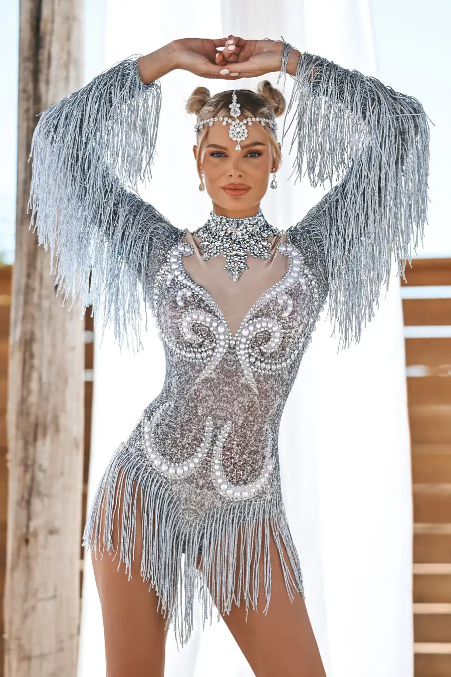 Dancewear Stage Performance Rhinestone Bodysuits Sexy Long Sleeves Tassel Pearls One Piece Short Jumpsuit Stripper Outfits