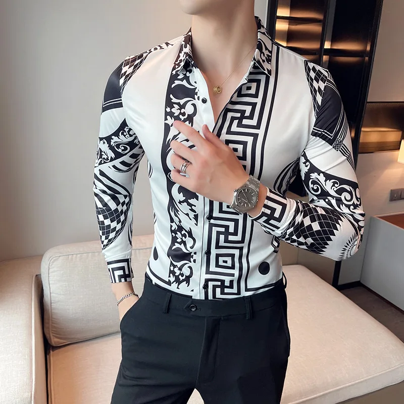 23Color 6XL Luxurious Man Vintage Printed Social Shirts Mens White Slim Fit Long Sleeve Dress Shirt Fashion Casual Chemise Homme