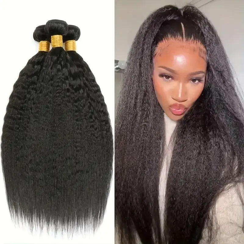 3 Pcs Kinky Straight Bundles Brazilian Unprocessed Virgin Human Hair Weave Bundles 4C  Yaki Human Hair Extensions Natural Black