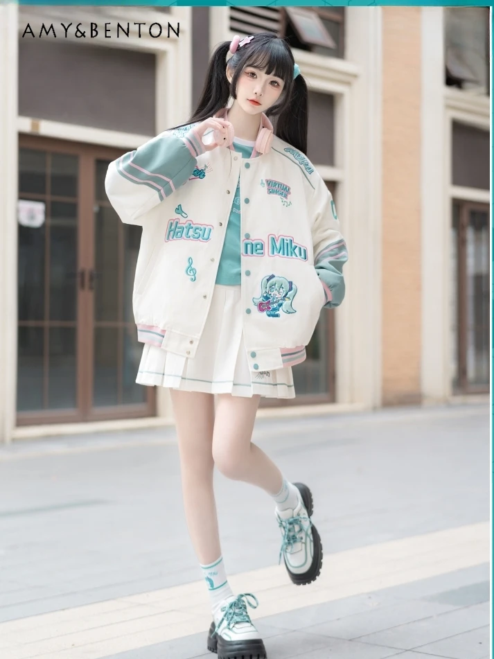 Preppy Style Kawaii Anime Embroidered Baseball Uniform Slim Top Pleated Skirt Three-Piece Set Spring New Sweet Girl Skirt Sets