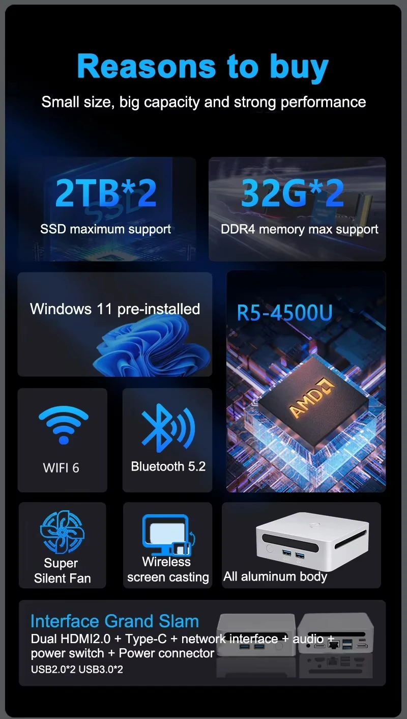 كمبيوتر ألعاب Ryzen 5 4500U/5600H Ryzen7 4700U/5825U Mini Windows 11 DDR4 3200Mhz NVME SSD WiFi 6 BT 5.2