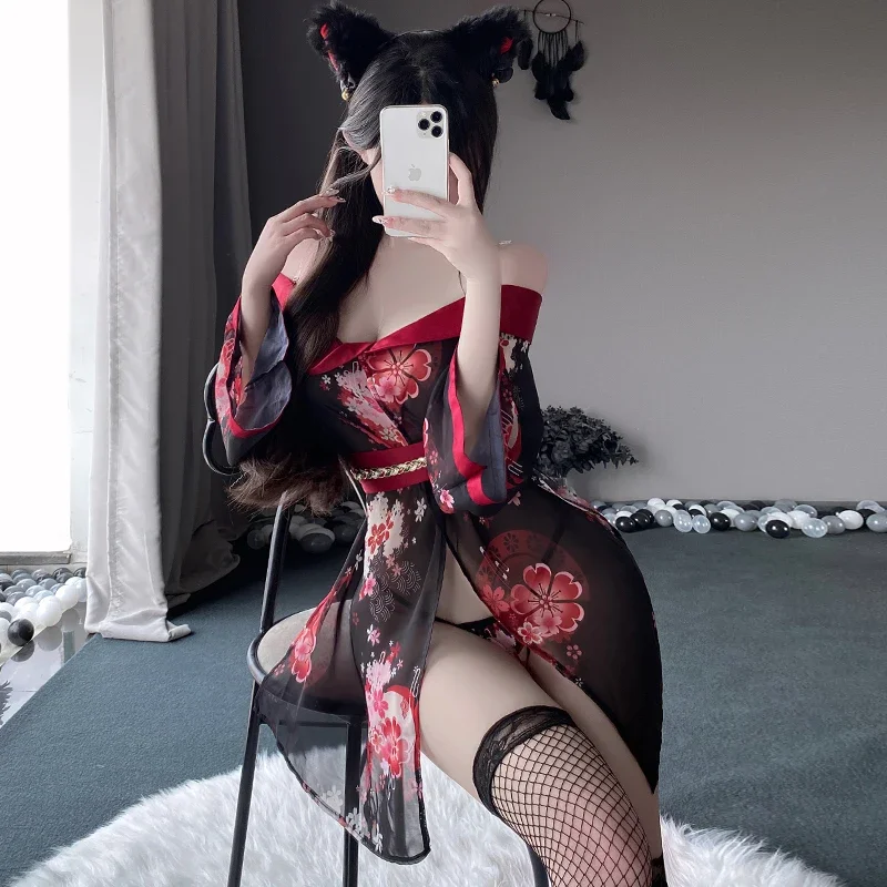 Porn Japanese Anime Kimono Cosplay Miko Set Deep V Strapless Cleavage Black Sexy Lingerie Women Sleepwear Bathrobe