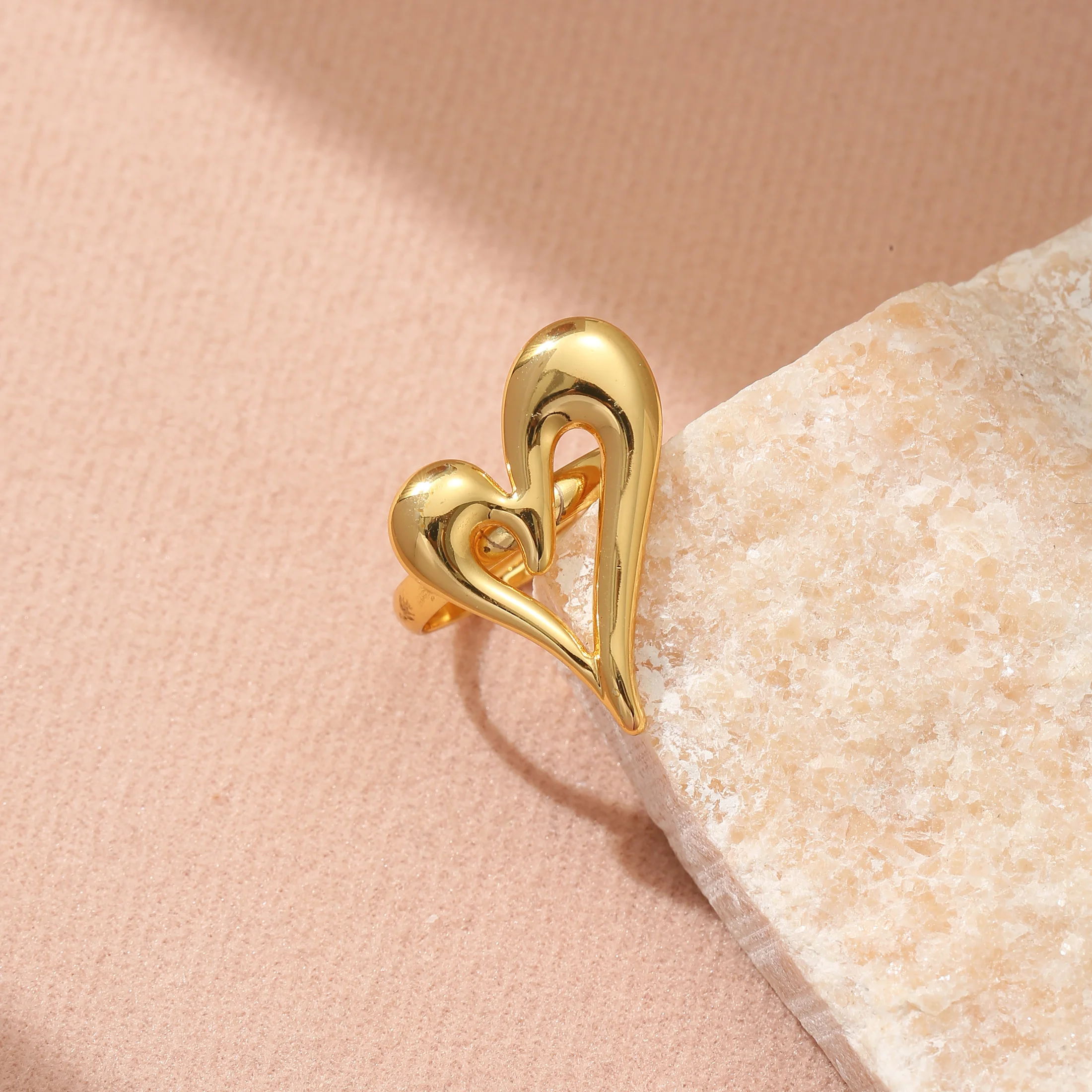 Golden Plated Abstract Cutout Heart Open Adjustable Ring for Women Modern Statement Jewelry Gift