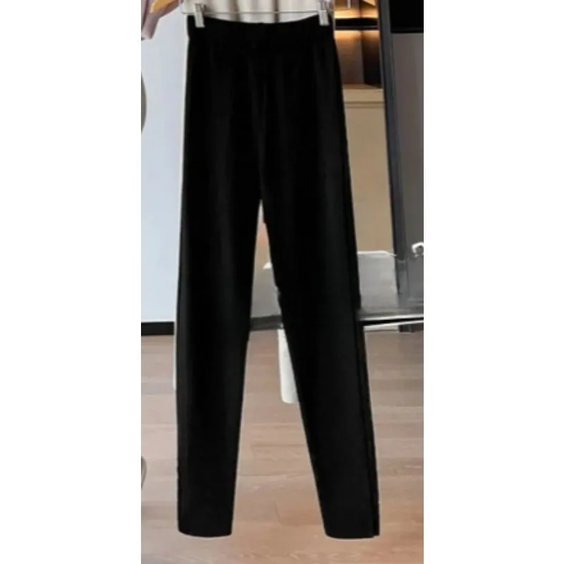 Jesień Zima Nowe Spodnie z Wysokim Stanem Uniwersalne Obcisłe Elastyczne Do Noszenia Wewnątrz i Na Zewnątrz Spodnie Wyszczuplające Nogi Dzianinowe w Paski Żakardowe