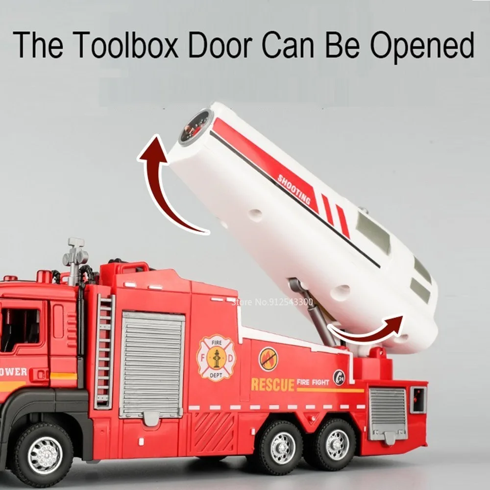 1/32 Scale Fire Truck Model Car Toy 2 Doors Opened Electric Water Spray Metal Diecast Vehicles with Pull Back Toys for Kids Gift