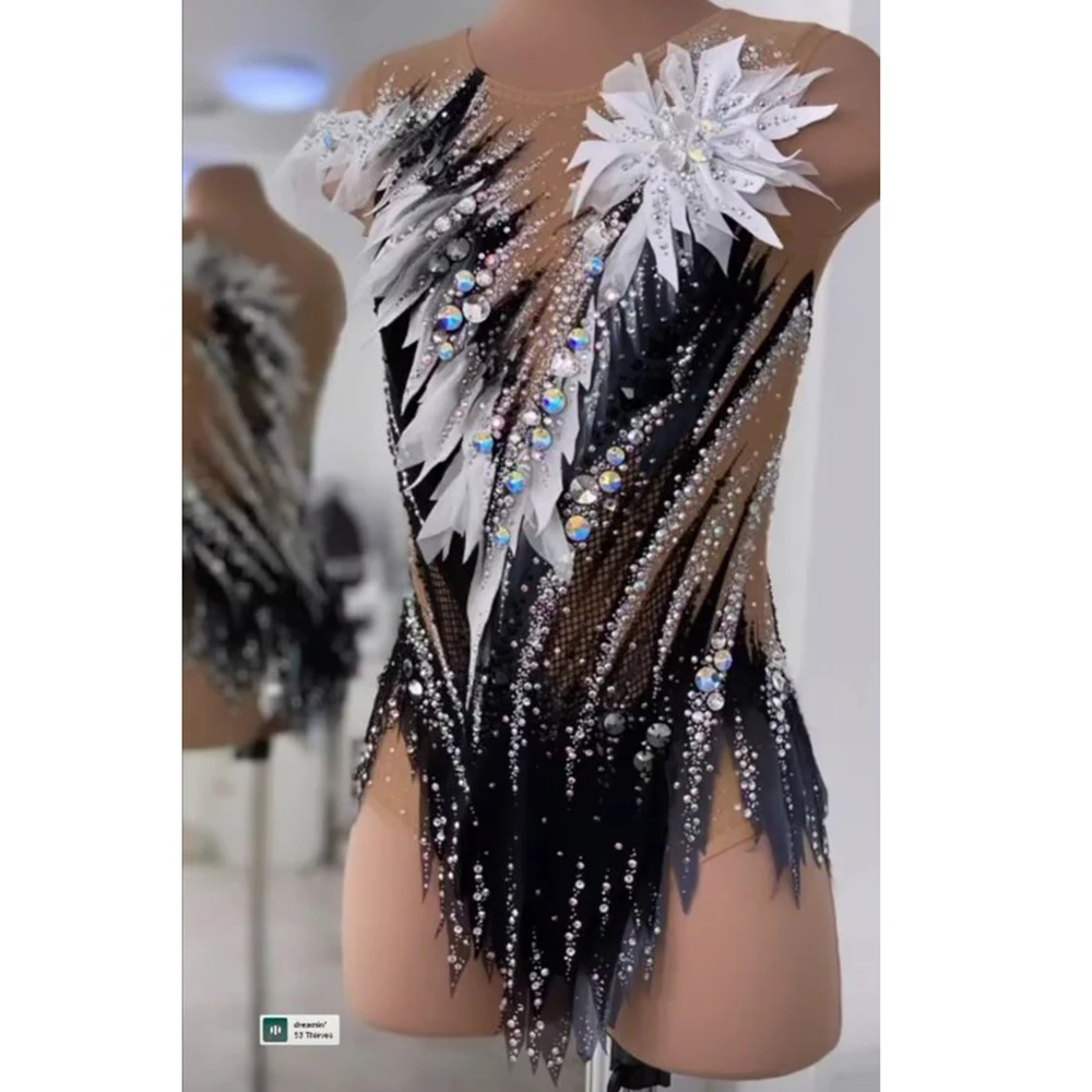 Rhythmic Gymnastics  Leotards Black Mesh White Simulation Flower Pearl Gem Competition Performance