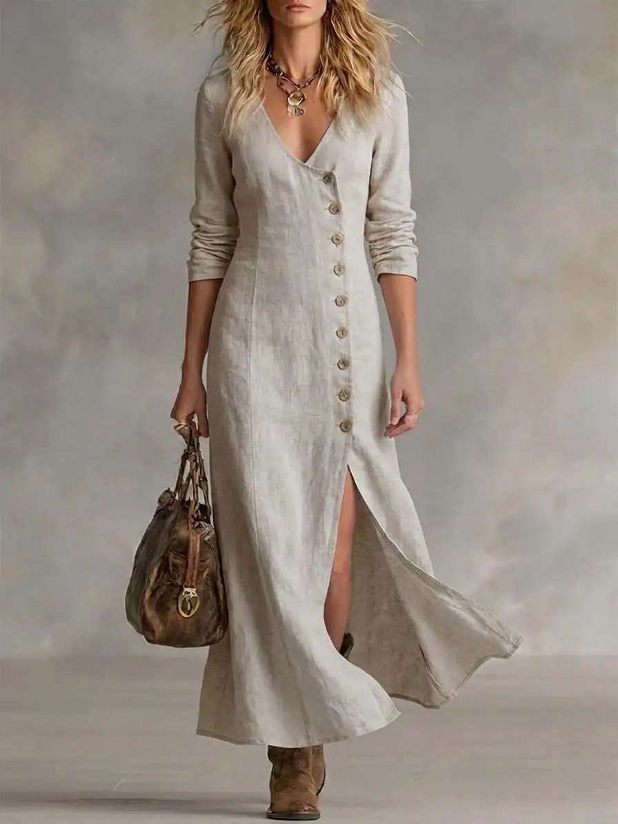 Fashion Casual Cotton Linen Dress Women Long Sleeve Button Front Loose Beach Resort Midi Dress