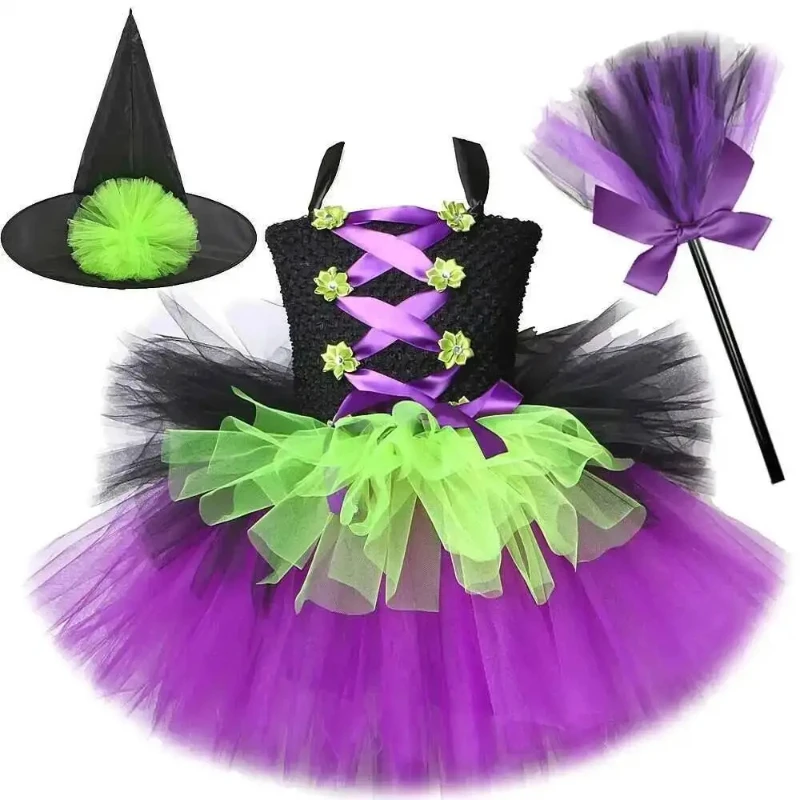 Fluffy 3 Layers Witch Costumes for Girls Halloween Cosplay Dresses for Kids Carnival Party Fancy Outfits with Magic Broom Hat