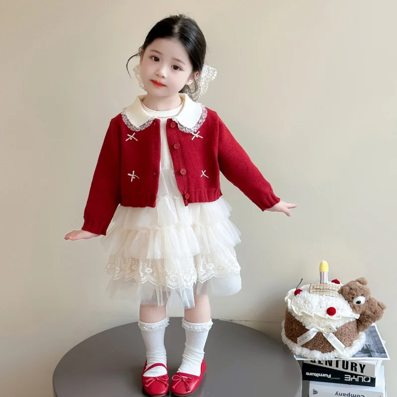

Girls' Spring and Autumn Princess Dress, Early Spring Outfit, Birthday Dress for Baby Girls, Stylish Bowknot Sweater Dress Set