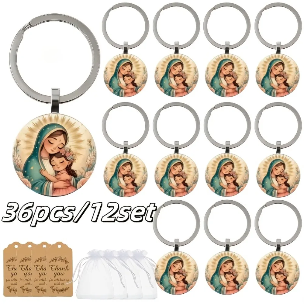 36 piezas/12 juegos de llaveros con medallas de la Virgen María y ángeles, con tarjetas de agradecimiento y bolsas para bautizo, comunión, boda, confirmación