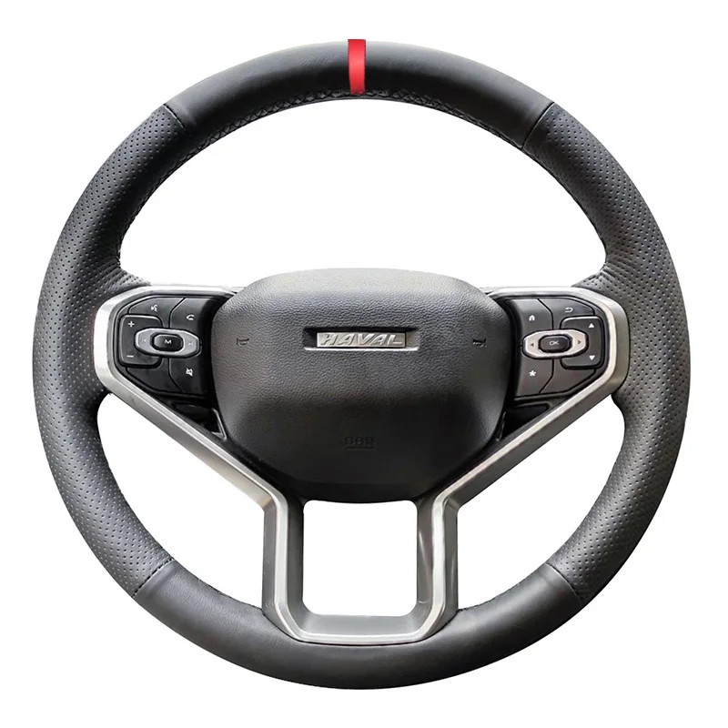 HuiER Hand Sew Car Steering Wheel Cover Red Marker For Haval H6 3rd Generation 2021-2023 Automobile Braid on Steering-wheel Wrap