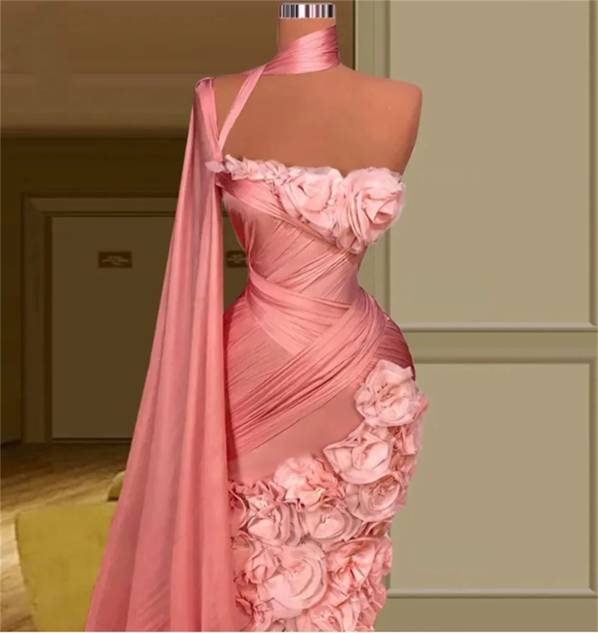 Elegant One Shoulder 3d Flower Satin Mermaid Evening Dress Fashion Sleeveless Ruched Cap Sleeve Prom Party Gown 2024 New Pink