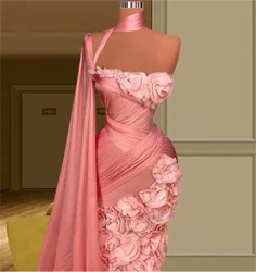 Elegant One Shoulder 3d Flower Satin Mermaid Evening Dress Fashion Sleeveless Ruched Cap Sleeve Prom Party Gown 2024 New Pink