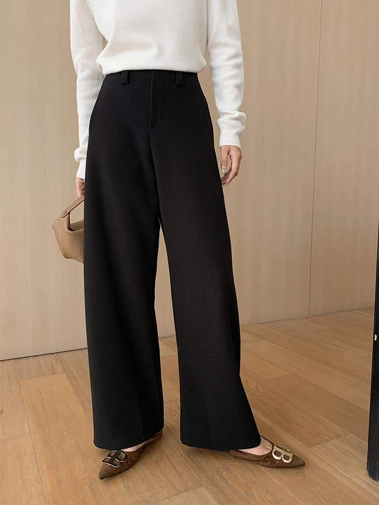 [LANMREM] High Waist Wool Wide Leg Pants For Women Soid Office Lady Straight Minimalism Loose Trousers 2024 Autumn New 26C193