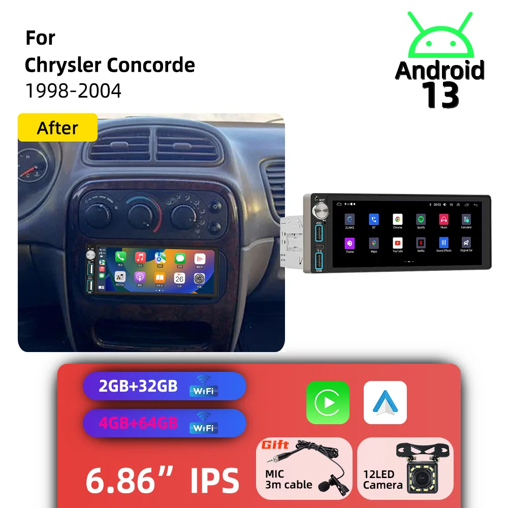 Radio Multimedia para Auto con Carplay Inalámbrico y Android, Estéreo para Auto con Pantalla de 6.86 Pulgadas, 1 Din, Unidad Principal, Autoradio para Chrysler Concorde 1998-2004, GPS