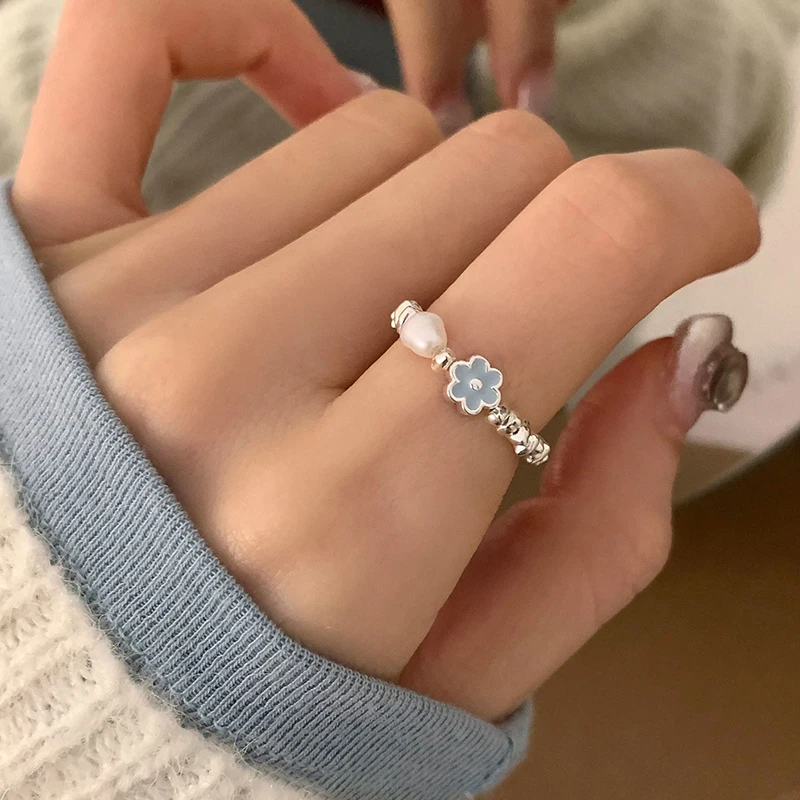 

PANJBJ стерлингового серебра 925, жемчужное кольцо с цветком и глазурью для женщин, ювелирные изделия, эластичная нить из бисера, нерегулярная, сладкий подарок, дропшиппинг